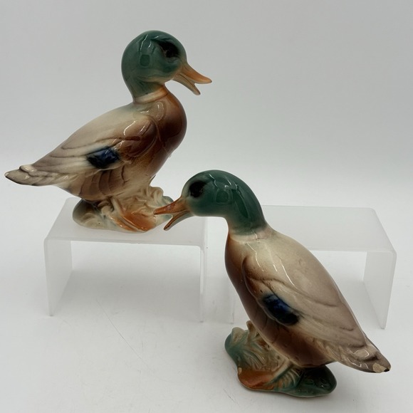 Pair VTG Ceramic Mallard Duck Figurine 50's Hand Painted Country Bird Farm Decor - Picture 1 of 14